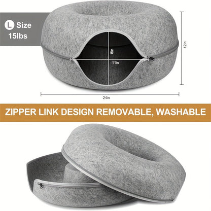 Lit tunnel pour chat, cachette d'intérieur - Tunnel pour chat en forme de beignet, pliable et utilisable en toute saison, avec ouverture pour chats d'intérieur, peluche douce, gris foncé et gris clair, disponible en 50 et 60 cm, cadeau idéal pour chat