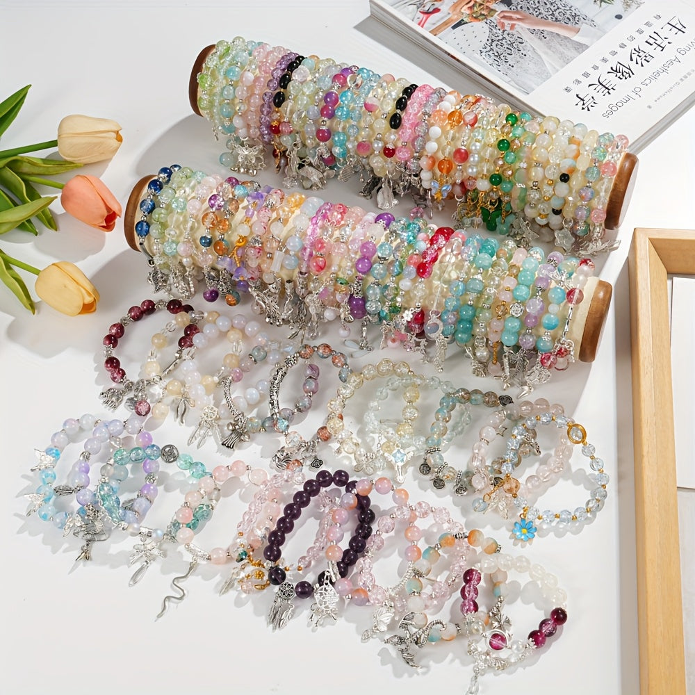 Ensemble de 30 bracelets de perles en verre pour femme, bracelets extensibles empilables avec breloques papillon, fleurs, cœurs et étoiles, multicolores - Coffret cadeau de bijoux bohèmes pour la Saint-Valentin, un anniversaire ou une fête