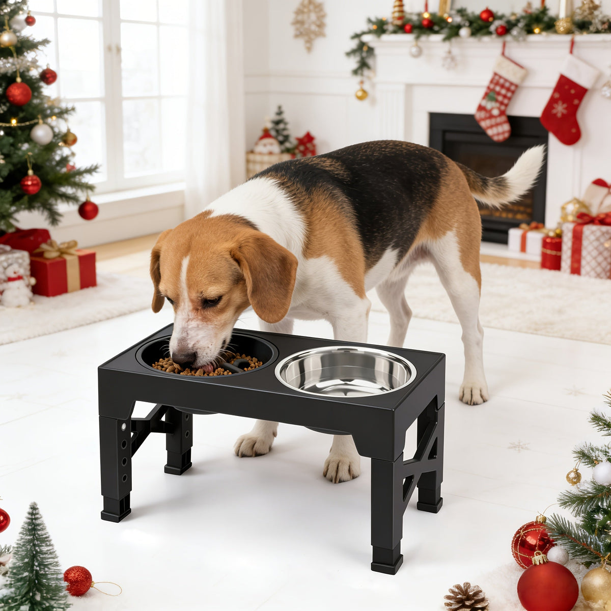 Support surélevé ajustable pour gamelles de chien avec lot de 3 gamelles – 5 hauteurs de 8,1 à 31 cm, 2 gamelles en acier inoxydable + gamelle anti-glouton pour petits, moyens et grands chiens, mangeoire surélevée noire ou grise