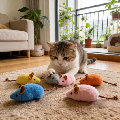 Lot de 3 jouets en peluche couineurs pour chat – Souris à longue queue et arête de poisson, jouets interactifs à mâcher type herbe à chat avec sifflet intégré, jouets durables pour le nettoyage des dents, sans pile, couleurs aléatoires