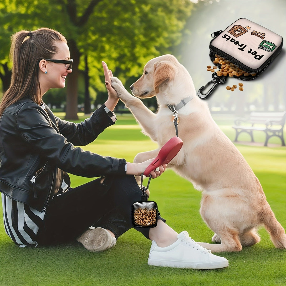 Sac de dressage pour chien avec crochet et fermeture éclair – Pochette de dressage à motif pattes avec distributeur de sacs à crottes, sac de promenade pour l'éducation des chiots pour une utilisation en extérieur