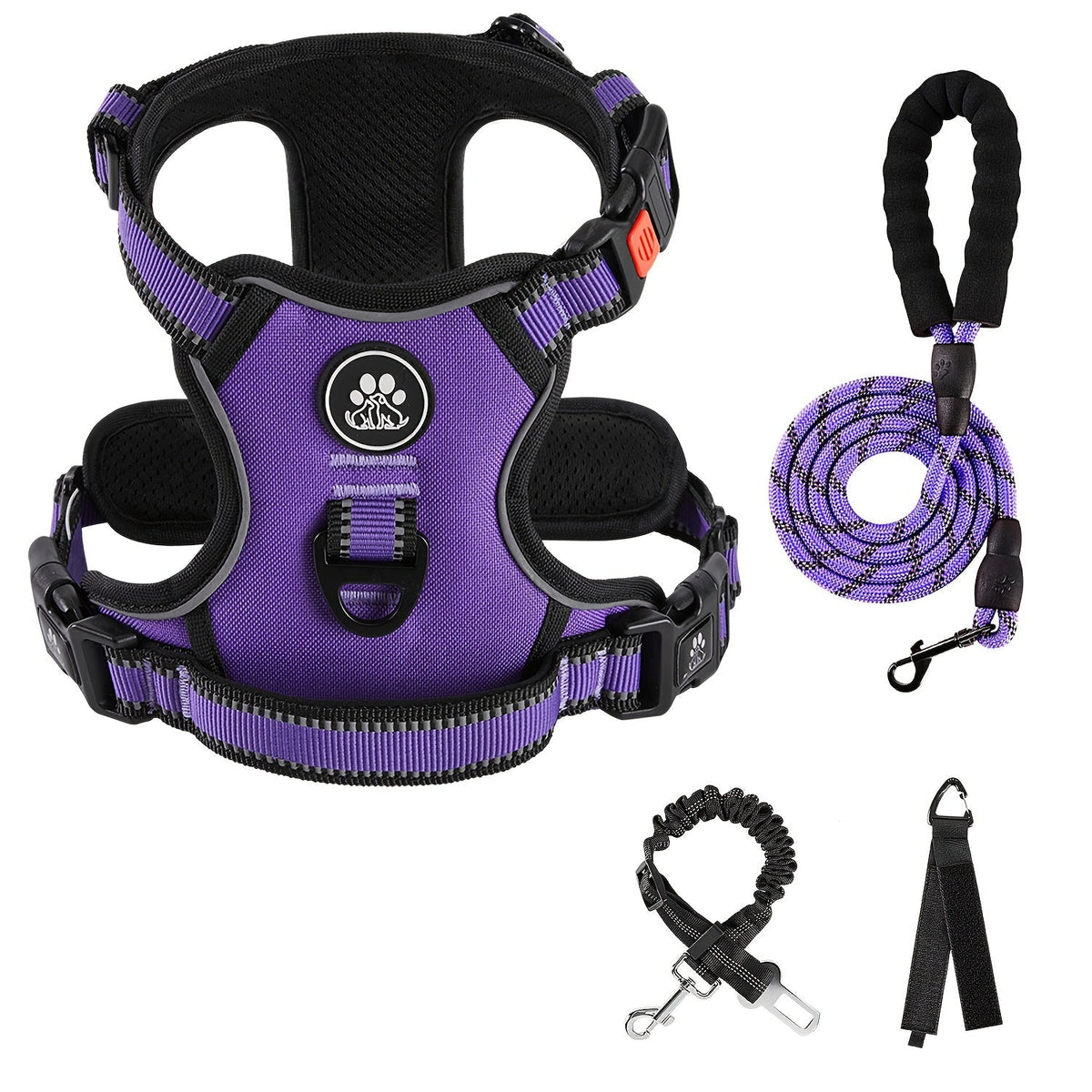 Ensemble harnais anti-traction pour chien avec laisse rétractable, ceinture de sécurité et collier – Harnais gilet entièrement réfléchissant, réglable et respirant avec poignée pour petits et grands chiens, tailles XS–XL