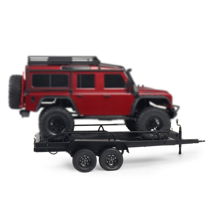 Remorque plateau en métal à double essieu à l'échelle 1/10 pour crawler RC – Compatible avec TRX4, KM2, SCX10, RC4WD, D90, longueur totale de 815 mm, capacité de charge de 50 kg+, accessoire de simulation pour voiture RC
