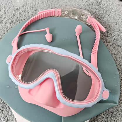 Lunettes de natation antibuée surdimensionnées, clarté haute définition, coussinets en silicone souple et confortable, sangle réglable, équipement de natation élégant pour piscine extérieure, plage et étang, rose bleu