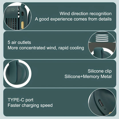 Mini ventilateur de cou sans pales à clipser, rechargeable par USB, 3 vitesses, flux d'air à 360°, ventilateur portable mains libres à suspendre à la taille pour la randonnée, le camping, les voyages, le golf et les activités en plein air