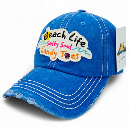 Casquette de baseball brodée, style vintage effet usé, motif « Beach Life Salty Soul Sandy Toes » – Design d'artiste local, 100 % coton, protection UV, réglable, chapeau de soleil côtier, cadeau pour amoureux de la plage