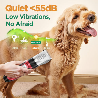 Kit de toilettage pour chien, tondeuse électrique sans fil silencieuse – batterie au lithium rechargeable, tondeuse pour poils épais avec ciseaux et peigne pour chiens et chats de petite et grande taille, plusieurs options de kit disponibles