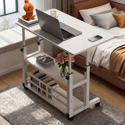 Bureau de lit roulant réglable en hauteur de 58 à 89 cm avec étagère de rangement et roulettes multidirectionnelles pour chambre à coucher, bureau ou ordinateur portable