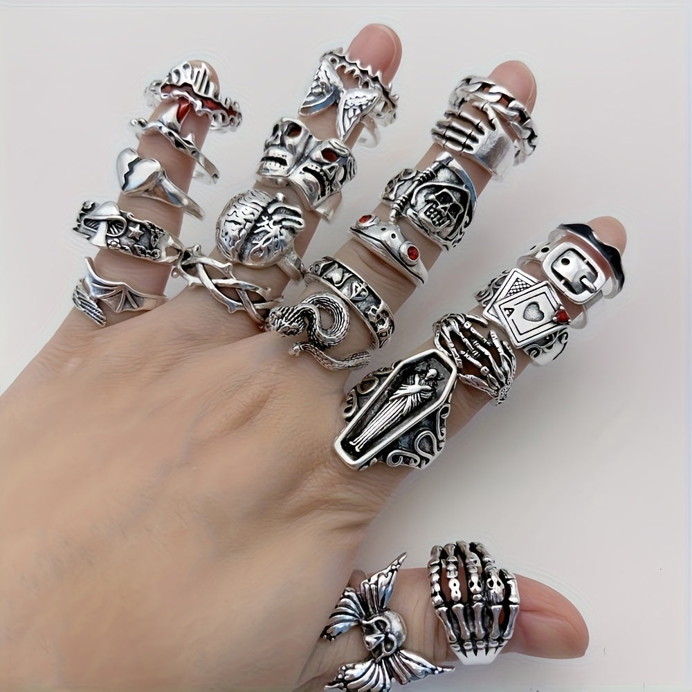 Lot de 24 bagues rétro punk pour hommes et femmes – Style sombre avec araignées, crânes et croix, bagues gothiques vintage, bijoux empilables réglables pour le quotidien, les fêtes, Halloween et comme cadeau