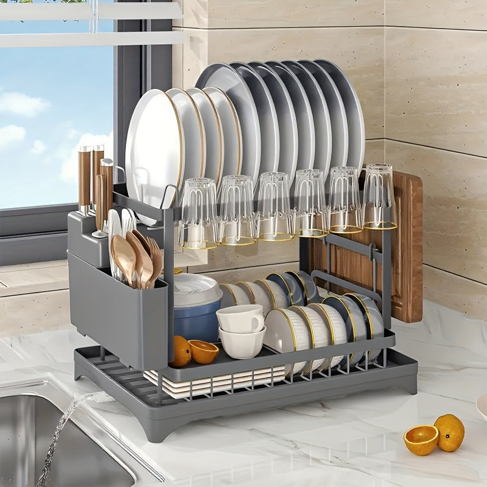 Égouttoir à vaisselle à 2 niveaux avec plateau d'égouttage pour comptoir de cuisine – Égouttoir en métal grande capacité avec plateau de récupération, organisateur pour assiettes, tasses et ustensiles, disponible en noir, blanc et gris