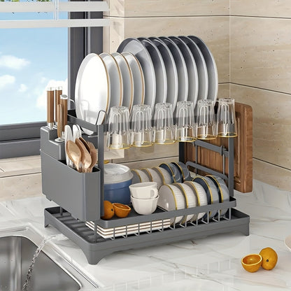 Égouttoir à vaisselle à 2 niveaux avec plateau d'égouttage pour comptoir de cuisine – Égouttoir en métal grande capacité avec plateau de récupération, organisateur pour assiettes, tasses et ustensiles, disponible en noir, blanc et gris