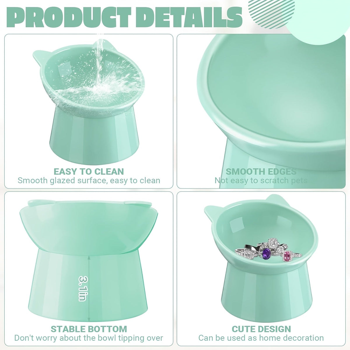 Ensemble de 3 gamelles surélevées pour chat en forme d'oreilles de chat, support antidérapant, design ergonomique pour le cou, écuelle pour animaux tricolore (rose, vert, bleu), idéal pour foyer à plusieurs chats