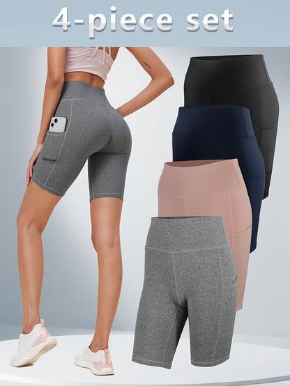 Shorts de yoga taille haute pour femmes, lot de 4, effet push-up, 5 poches – Shorts de sport respirants, extensibles et sans couture pour l'été, le yoga, le Pilates et l'entraînement en salle (Rouge, Noir, Gris, Bleu marine)