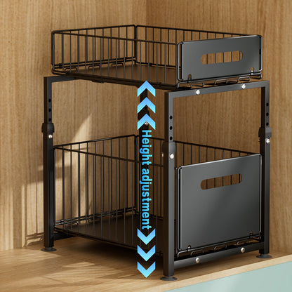 Under Sink Organizer 2-Tier Pull-Out Cabinet Shelf with Adjustable Height, Sturdy Carbon Steel Kitchen Storage Rack, Space-Saving Bathroom & Pantry Cabinet Organizer for Kitchen Organization