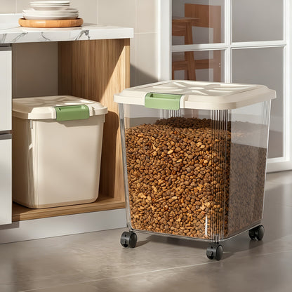 Récipient hermétique de stockage pour nourriture pour animaux avec roulettes et cuillère doseuse – Boîte roulante transparente avec couvercle hermétique verrouillable et compartiments anti-déversement pour chiens, chats et oiseaux, plusieurs tailles