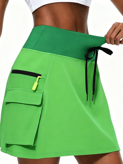Shorts femme taille haute à séchage rapide | Short en polyester tissé respirant avec fermeture éclair, cordon de serrage et poches multiples pour le sport et les loisirs, printemps-été