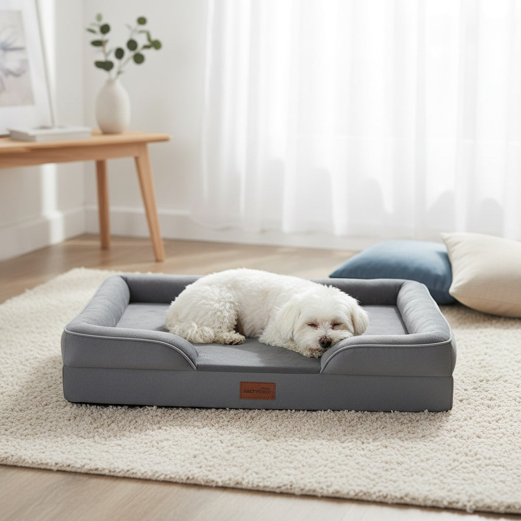 Canapé-lit pour chien extra large, 100 % mousse de soutien, traversin sur 4 côtés, housse amovible et lavable, fond antidérapant, soutien articulaire, lit pour animal de compagnie doux et chaud, gris, M L XL XXL, toutes races