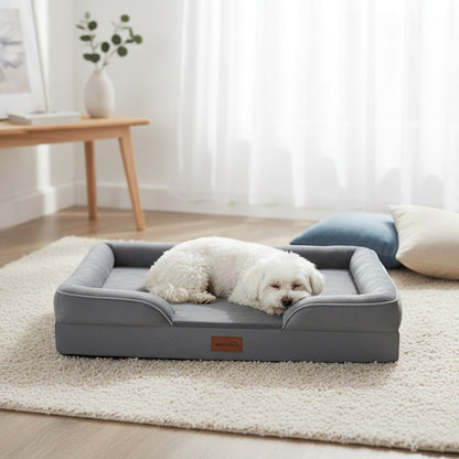 Canapé-lit pour chien extra large, 100 % mousse de soutien, traversin sur 4 côtés, housse amovible et lavable, fond antidérapant, soutien articulaire, lit pour animal de compagnie doux et chaud, gris, M L XL XXL, toutes races