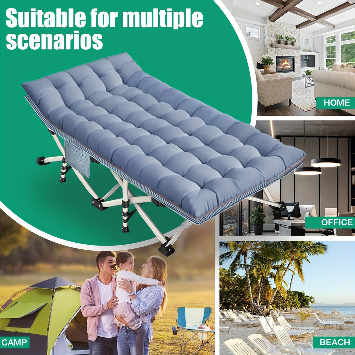 Lit de camp pliant avec matelas 190-200 cm – Lit de camp portable très résistant pour adultes, enfants et adolescents, charge maximale 315-400 kg, pour le camping, la maison, le bureau, la plage, le jardin et la pêche