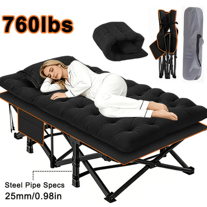 Lit de camping pliant avec matelas et poches latérales – Lit de camp portable robuste pour adultes, lit d'appoint pliable pour le camping, l'extérieur, la terrasse, le bureau ou la chambre d'amis