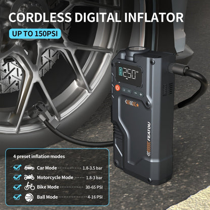 Démarreur portable 6000 A/9000 A avec compresseur d'air 150 PSI – Boîtier de démarrage 7-en-1 avec gonfleur de pneus numérique et batterie externe pour moteurs à essence (10 L) et diesel (9,0 L), démarreur de voiture avec ports USB