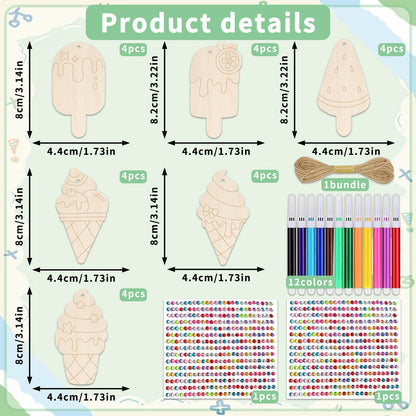Kit de loisirs créatifs en bois « Glaces » pour enfants, 39 pièces : 24 formes en bois brut, 12 feutres, 2 planches de stickers joyaux, ficelle. Kit de peinture DIY pour fêtes d'anniversaire, activités scolaires, soirées pyjama. Dès 3 ans.