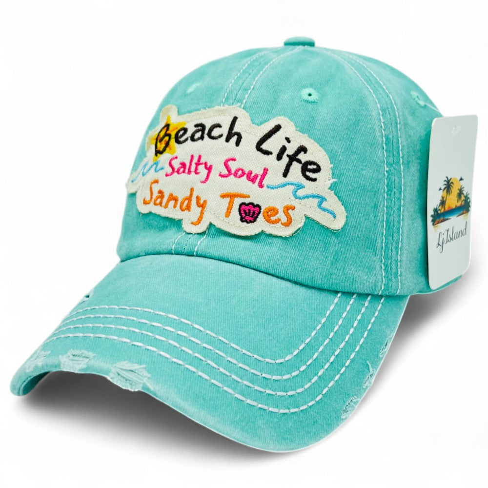 Casquette de baseball brodée, style vintage effet usé, motif « Beach Life Salty Soul Sandy Toes » – Design d'artiste local, 100 % coton, protection UV, réglable, chapeau de soleil côtier, cadeau pour amoureux de la plage