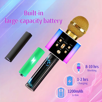 Microphone karaoké sans fil 5-en-1 avec haut-parleur intégré, lumières LED et changeur de voix – Micro de chant Bluetooth portable pour fêtes, réunions de famille, voyages et activités en plein air, 10 couleurs