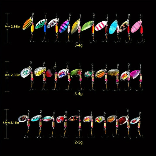 Lot de 30 leurres spinnerbait – Ensemble de turluttes en métal robuste pour bar, truite, brochet et maskinongé, appâts artificiels multicolores pour eau douce et eau salée