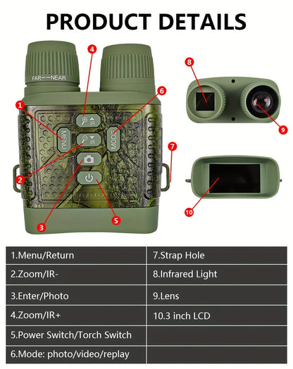 Jumelles de vision nocturne HD 2,5K – Écran HD de 3 pouces, zoom numérique 6X, lumière infrarouge à 7 niveaux, batterie 2000 mAh, vidéo et photo pour la chasse, l'observation de la faune et une utilisation nocturne en extérieur