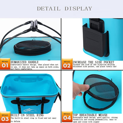 Seau à poisson pliable – Récipient portable en EVA pour poissons vivants et appâts, conteneur de pêche pliable pour le camping en plein air, pêche en eau douce et en eau salée