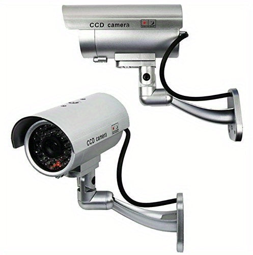 Caméra de surveillance factice – Système de vidéosurveillance simulée, lumières LED réalistes, support réglable et autocollants d'avertissement, caméra leurre de sécurité pour intérieur et extérieur – Lot de 2 ou 4