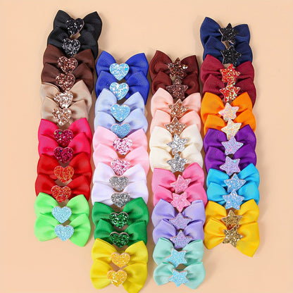 Dog Bow Hair Clips 24pcs Assorted – Cute Glitter Heart & Star Grooming Hair Accessories for Small Dogs & Puppies, Mixed Color Random Styles Pet Hair Bows