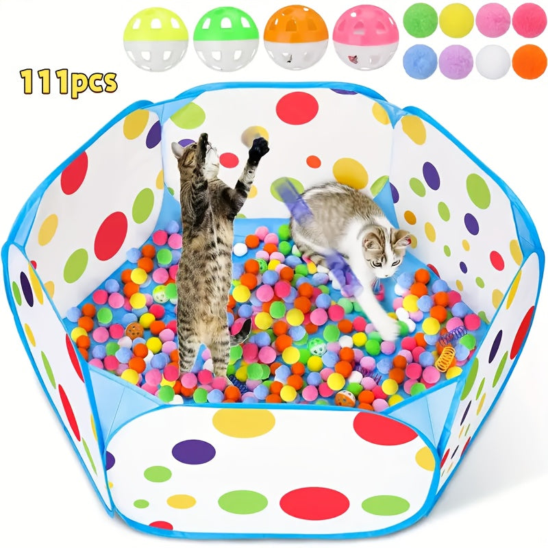 Ensemble de jouets interactifs pour chat avec 110 balles - 100 balles de jeu et 10 balles à grelot avec parc pour chat, kit de divertissement et d'exercice pour chat d'intérieur, assortiment de balles aux couleurs aléatoires (ensemble avec parc)