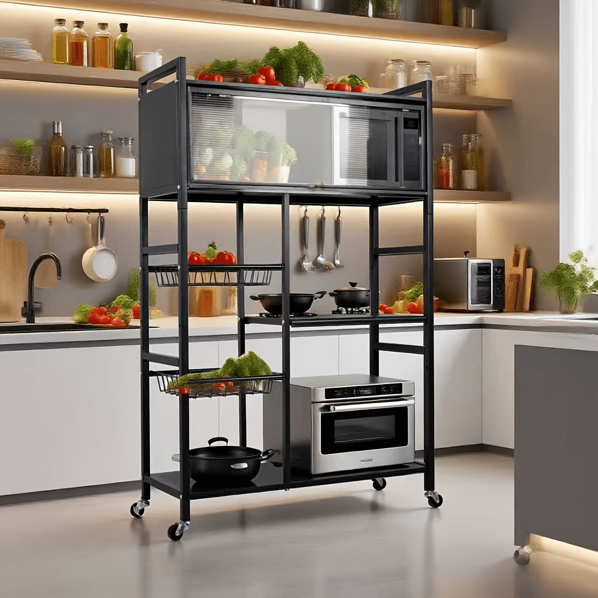 Étagère de rangement roulante à 4 niveaux avec paniers en fil métallique et roulettes – Rayonnage métallique réglable pour cuisine, garde-manger, garage, salle de bain et placard, organisateur sur pied mobile, cadeau de crémaillère