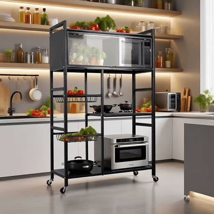 Étagère de rangement roulante à 4 niveaux avec paniers en fil métallique et roulettes – Rayonnage métallique réglable pour cuisine, garde-manger, garage, salle de bain et placard, organisateur sur pied mobile, cadeau de crémaillère