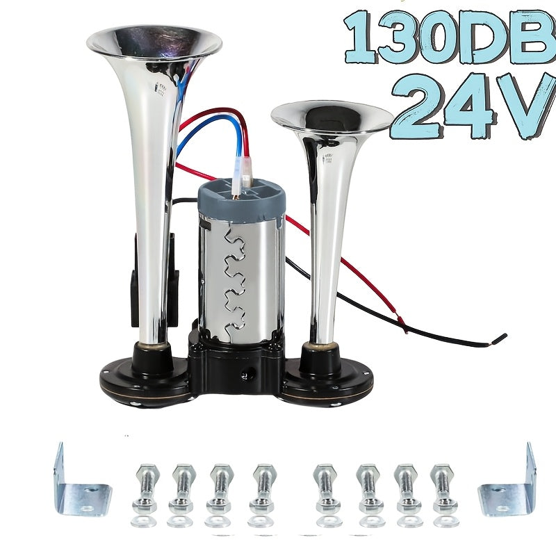Kit de klaxon à air double super puissant 12V 24V avec compresseur d'air 105-137 dB, klaxon électrique universel en alliage d'aluminium pour camion, train, voiture, SUV, moto, bateau et pick-up