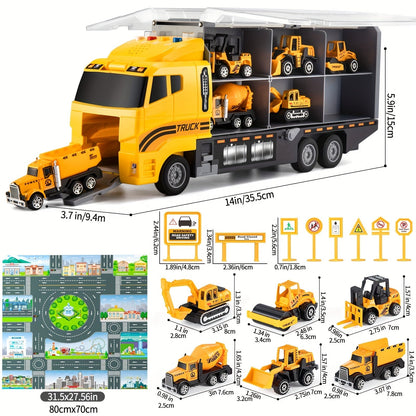Ensemble de 13 véhicules de chantier avec camions moulés sous pression, tapis de jeu et transporteur – Coffret de jeu pour enfants de 3 ans et plus, cadeau idéal pour Noël et les anniversaires
