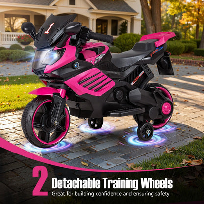 Moto électrique pour enfants 6V avec roues stabilisatrices amovibles, phares LED, musique, roues antidérapantes, selle confortable, cadeau pour garçons et filles de 3 ans et plus, rose