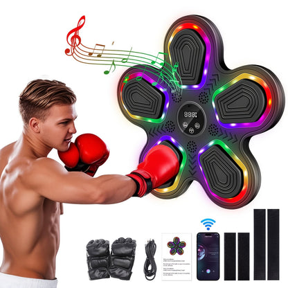 Machine de boxe musicale intelligente avec gants – Montage mural, éclairage rythmique LED, Bluetooth, 9 modes de vitesse, compteur de coups LED intelligent, cadeau de fitness pour salle de sport à domicile pour adultes et adolescents