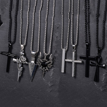 Lot de 8 colliers punk noirs pour homme – Chaînes à pendentif croix en acier inoxydable, bijoux streetwear gothiques, colliers superposés tendance pour homme, coffret cadeau style mixte