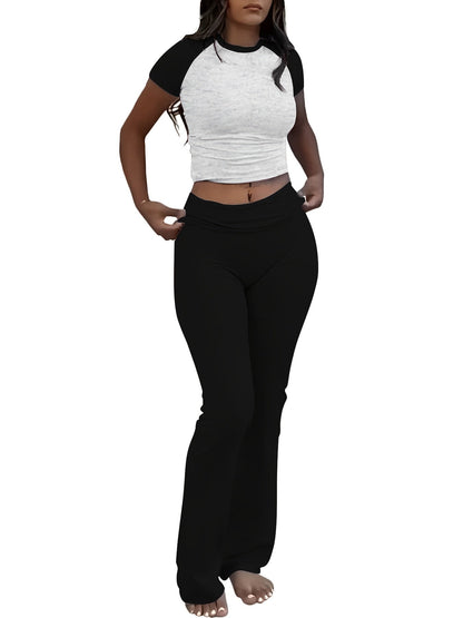 Ensemble deux pièces pour femme - T-shirt ajusté à manches courtes et col rond & pantalon moulant à pattes d'eph, tenue décontractée unie pour le quotidien, tailles XS-XL