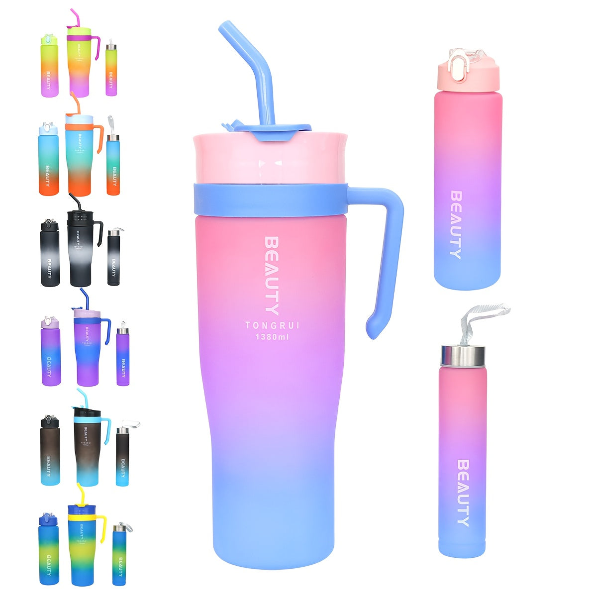 Ensemble de 5 bouteilles d'eau dégradées sans BPA avec paille et couvercle anti-fuite - Bouteilles de sport étanches de 1,3 L, 800 ml et 260 ml pour la gym, les voyages et l'extérieur