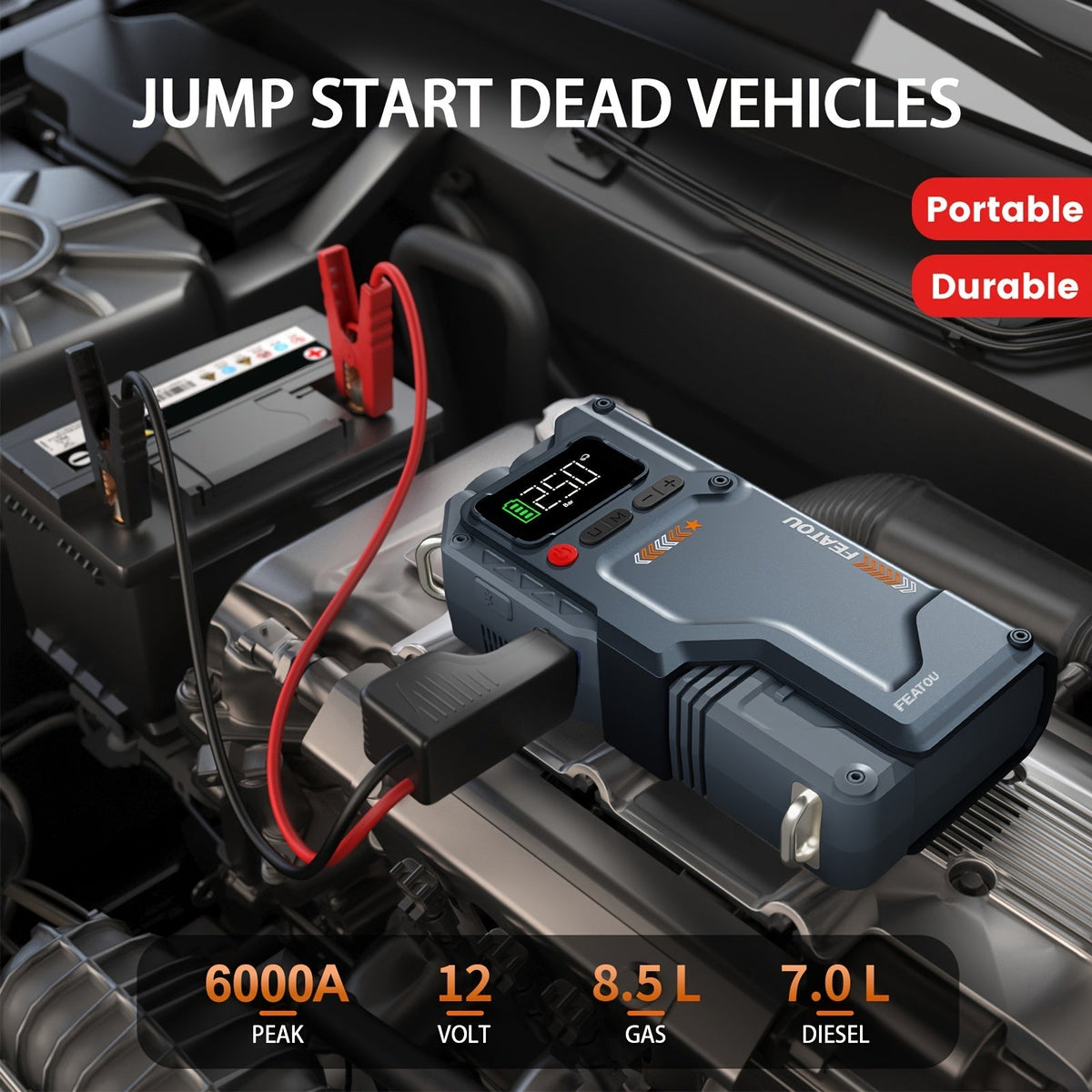Démarreur portable 6000 A/9000 A avec compresseur d'air 150 PSI – Boîtier de démarrage 7-en-1 avec gonfleur de pneus numérique et batterie externe pour moteurs à essence (10 L) et diesel (9,0 L), démarreur de voiture avec ports USB