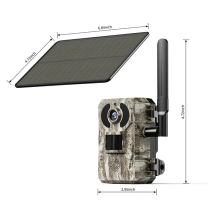 Caméra de chasse 4G sans Wi-Fi 2K 1440P à énergie solaire – Carte SIM intégrée, vision nocturne 23 m, déclenchement 0,2 s, batterie 7800 mAh, caméra de surveillance et de chasse extérieure sans fil pour zones isolées