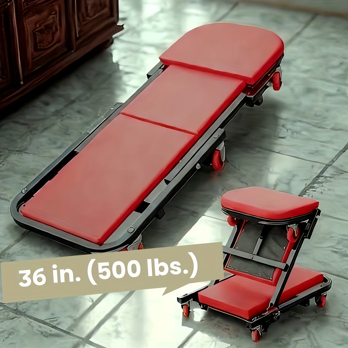 Chariot de visite mécanique pliable 3-en-1 robuste de 36 pouces avec siège en Z réglable - 6 roulettes pivotantes verrouillables, capacité de 350 à 650 lb, siège et appuie-tête rembourrés en vinyle, chariot de réparation automobile professionnel