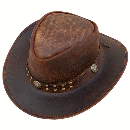 Chapeau de cow-boy en cuir véritable pour hommes et femmes, style western australien à larges bords, forme modulable, protection UV, chapeau vintage marron avec cordon de menton, tailles S à 3XL