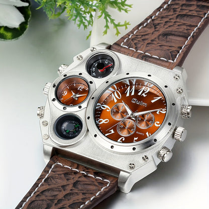 Montre à quartz pour homme à double fuseau horaire et grand cadran – Bracelet en similicuir, aiguilles lumineuses, boîtier en acier inoxydable, montre-bracelet sport décontractée pour homme, cadeau idéal
