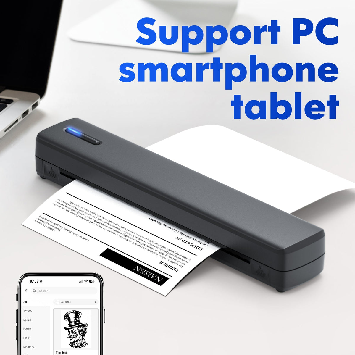 Imprimante thermique portable sans fil A4 sans encre – Imprimante de voyage compacte pour iPhone, Android et ordinateur portable – Compatible avec papier plié, rouleau et papier transfert de tatouage – Maison, bureau, école
