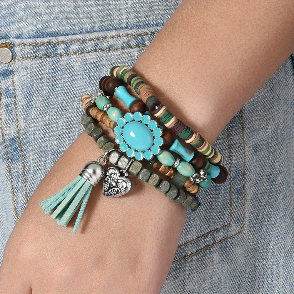 Lot de 40 bracelets bohèmes faits main en perles de bois et pierre turquoise – Couleurs mélangées, pendentif en alliage de zinc, bracelets empilables style vintage pour femmes et hommes, cadeau pour couples et fêtes